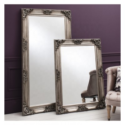 French Chic Vertical Hanging Decorative Framed Wall Mirror,  Antique Silver